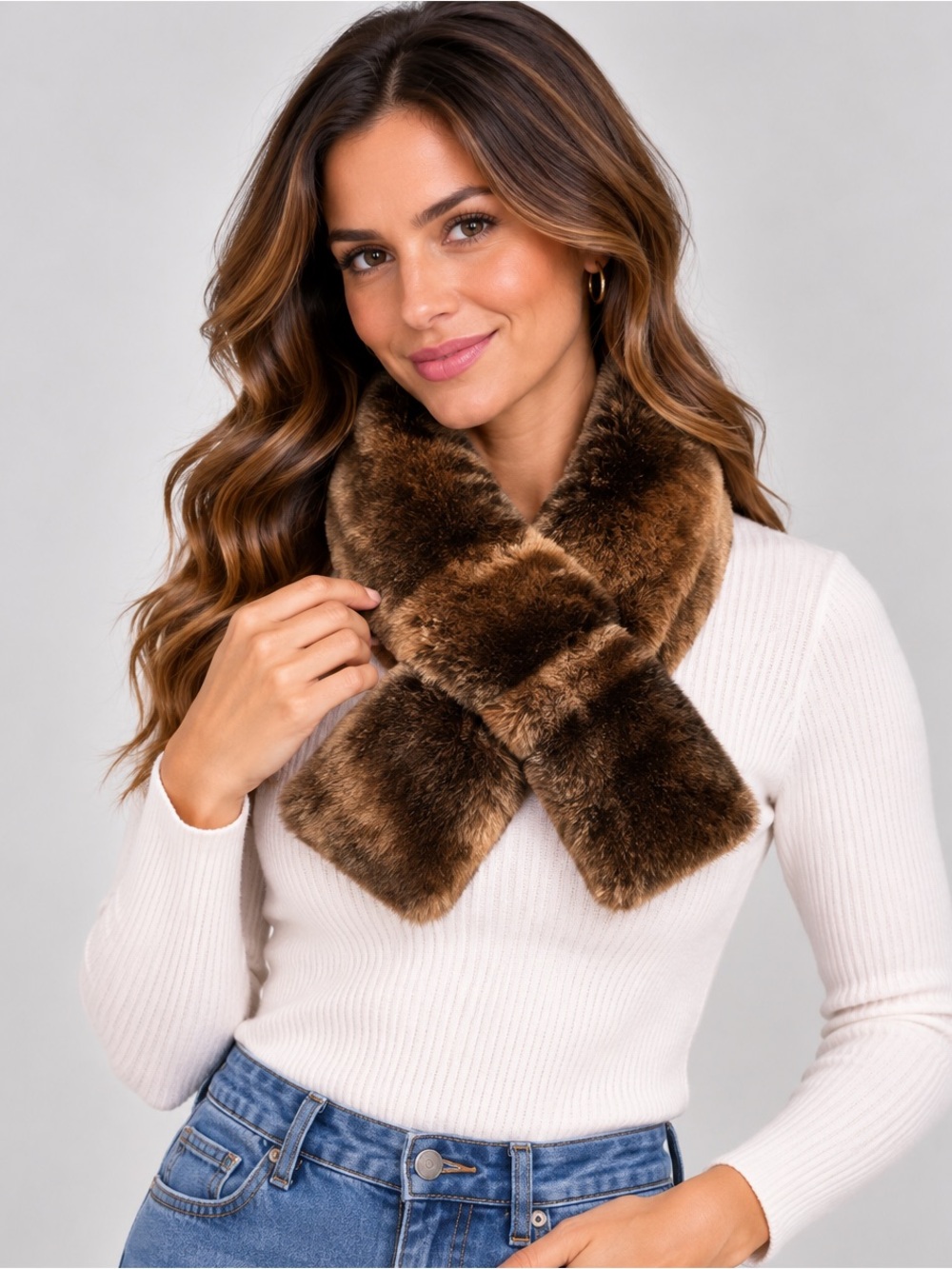 Women's Faux Fur Brown Wrap Scarf - Classic Cozy Style